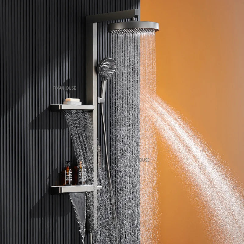 Bathroom Shower System Wall Mounted LED Digital Display Booster Shower Faucet Set Multi Function Shower Set with Storage Rack