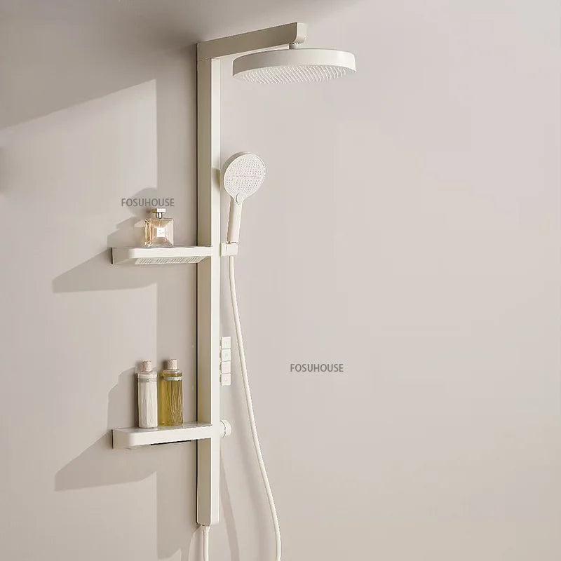 Bathroom Shower System Wall Mounted LED Digital Display Booster Shower Faucet Set Multi Function Shower Set with Storage Rack