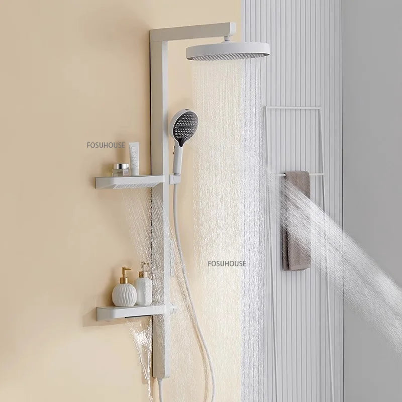 Bathroom Shower System Wall Mounted LED Digital Display Booster Shower Faucet Set Multi Function Shower Set with Storage Rack