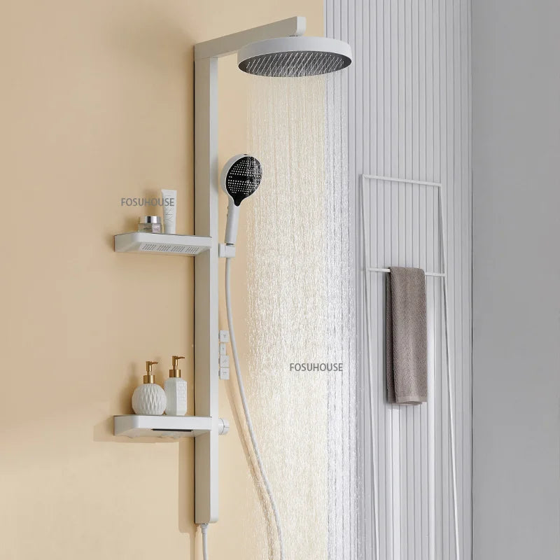 Bathroom Shower System Wall Mounted LED Digital Display Booster Shower Faucet Set Multi Function Shower Set with Storage Rack