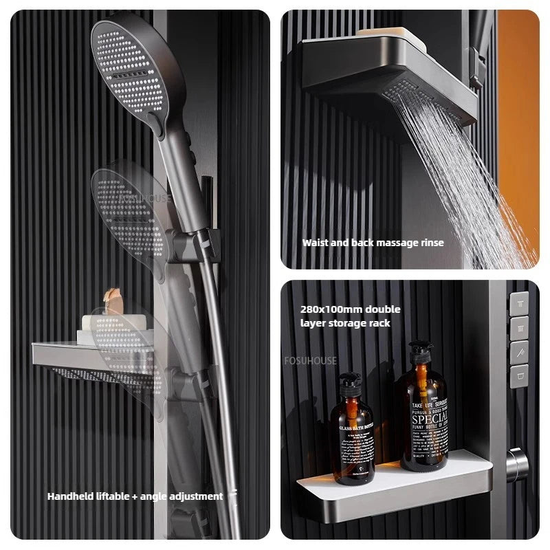 Bathroom Shower System Wall Mounted LED Digital Display Booster Shower Faucet Set Multi Function Shower Set with Storage Rack