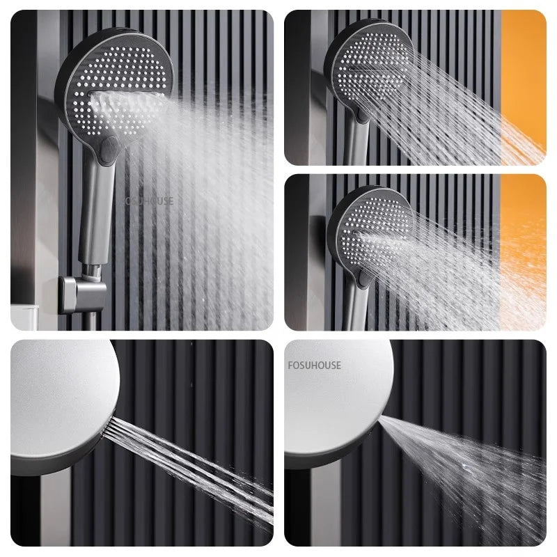 Bathroom Shower System Wall Mounted LED Digital Display Booster Shower Faucet Set Multi Function Shower Set with Storage Rack