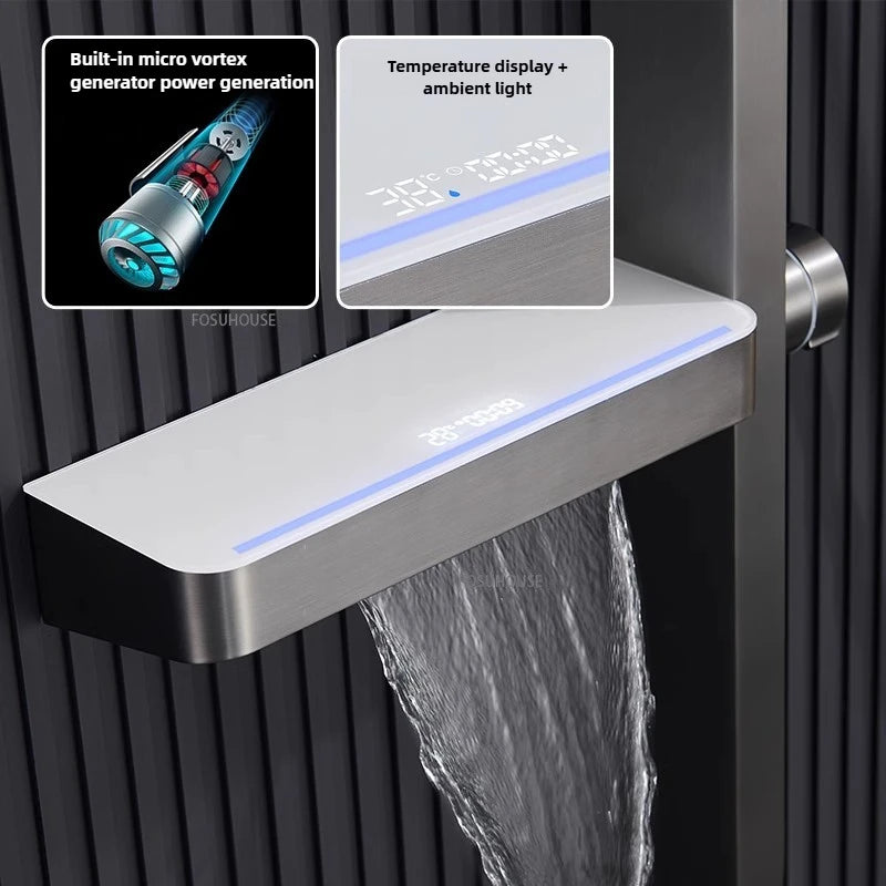 Bathroom Shower System Wall Mounted LED Digital Display Booster Shower Faucet Set Multi Function Shower Set with Storage Rack