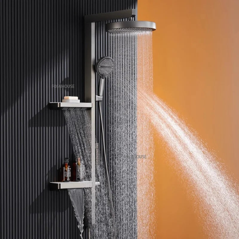 Bathroom Shower System Wall Mounted LED Digital Display Booster Shower Faucet Set Multi Function Shower Set with Storage Rack